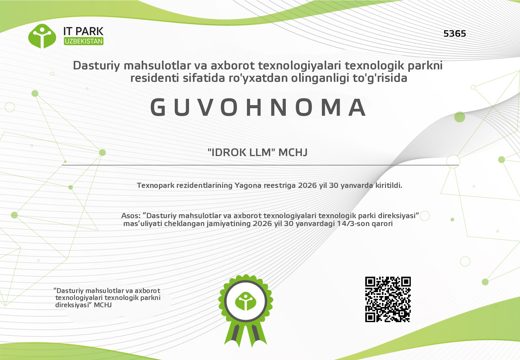 IT Park Guvohnoma - IDROK LLM MCHJ